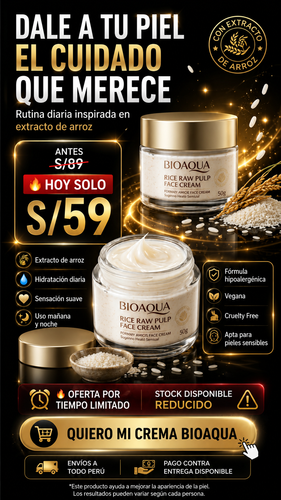 Crema Facial de Arroz BIOAQUA 50G